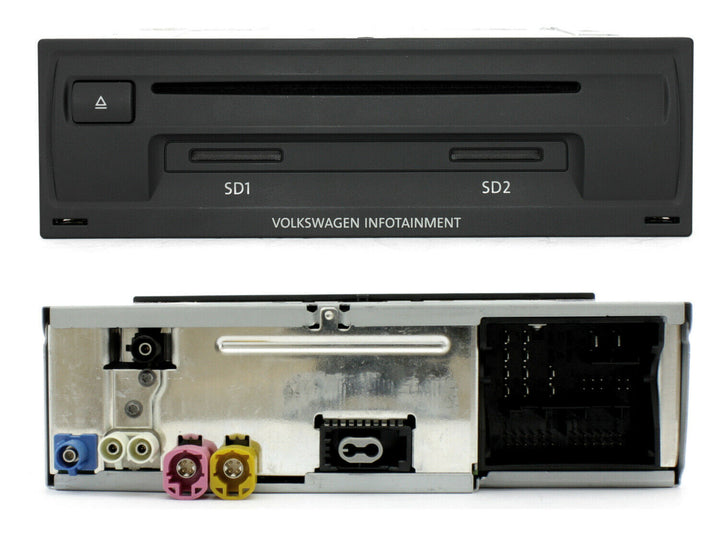 Front and rear of a black Volkswagen Infotainment unit: CD slot, SD1 and SD2 slots, coloured connectors and a multi-pin plug